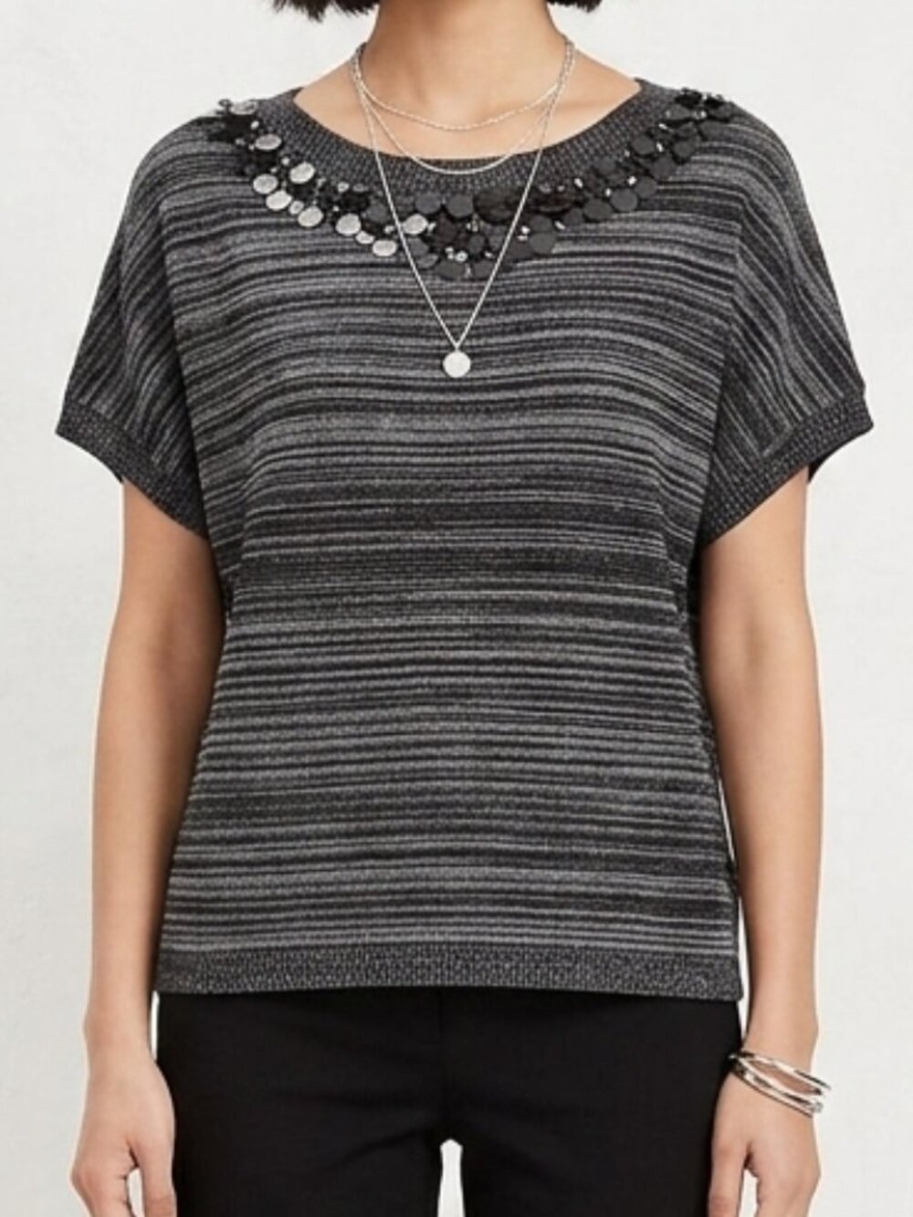 LOFT Striped Knit Short Sleeve Embellished Sequin Neckline Sweater Top Sz S